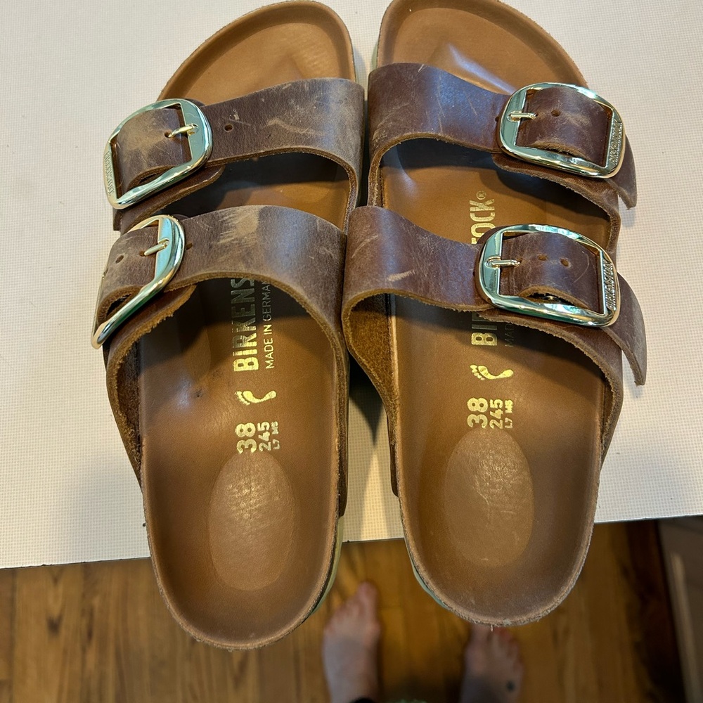 Birkenstock brown sandals with big gold buckle, size 38